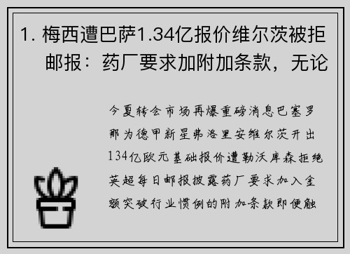 1. 梅西遭巴萨1.34亿报价维尔茨被拒 ❗邮报：药厂要求加附加条款，无论能否实现为参考 🚫